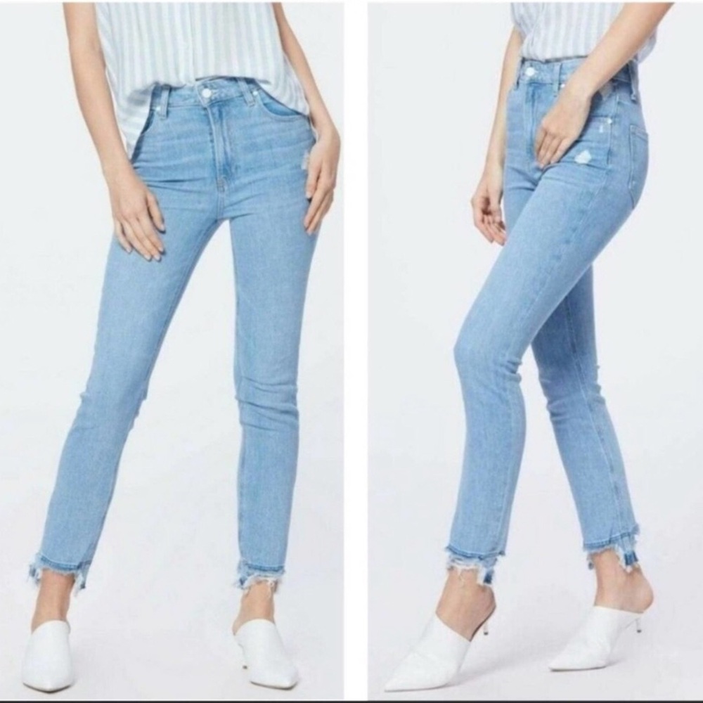 Paige Sarah Slim High Rise Mako Distressed Jeans Size 31 Light Wash - Picture 3 of 14